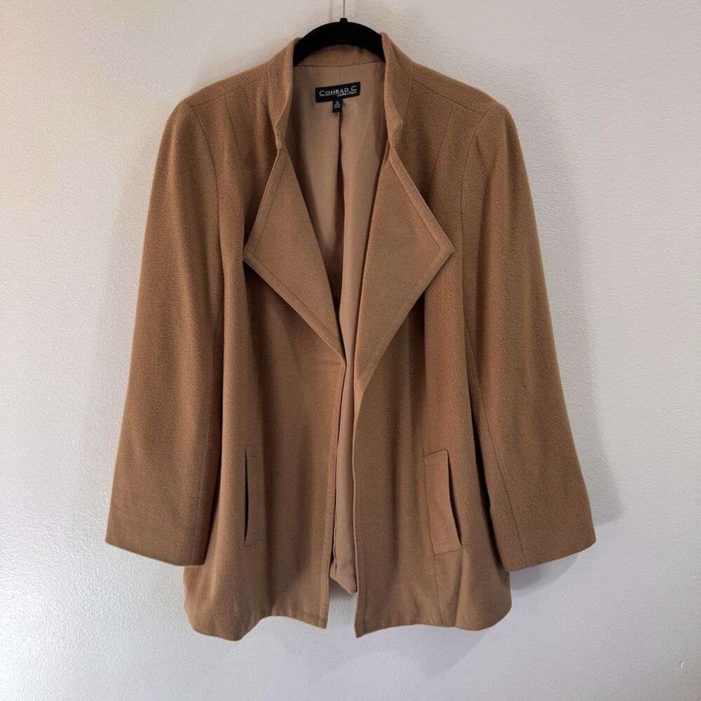 Conrad C Blazer Jacket 12 / L Wool Cashmere Brown Tan Open Front Drapey Preppy